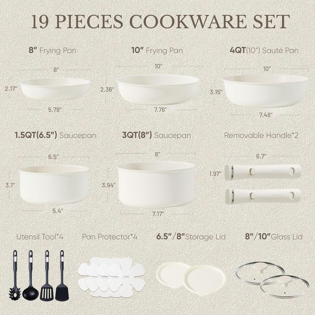 CAROTE 19pcs Pots and Pans Set, Nonstick Cookware Set Detachable Handle