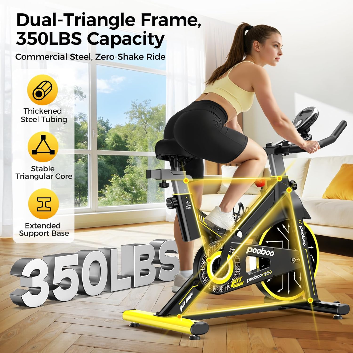 pooboo Exercise Bike, Brake Pad Stationary Bike for Home with Exclusive App