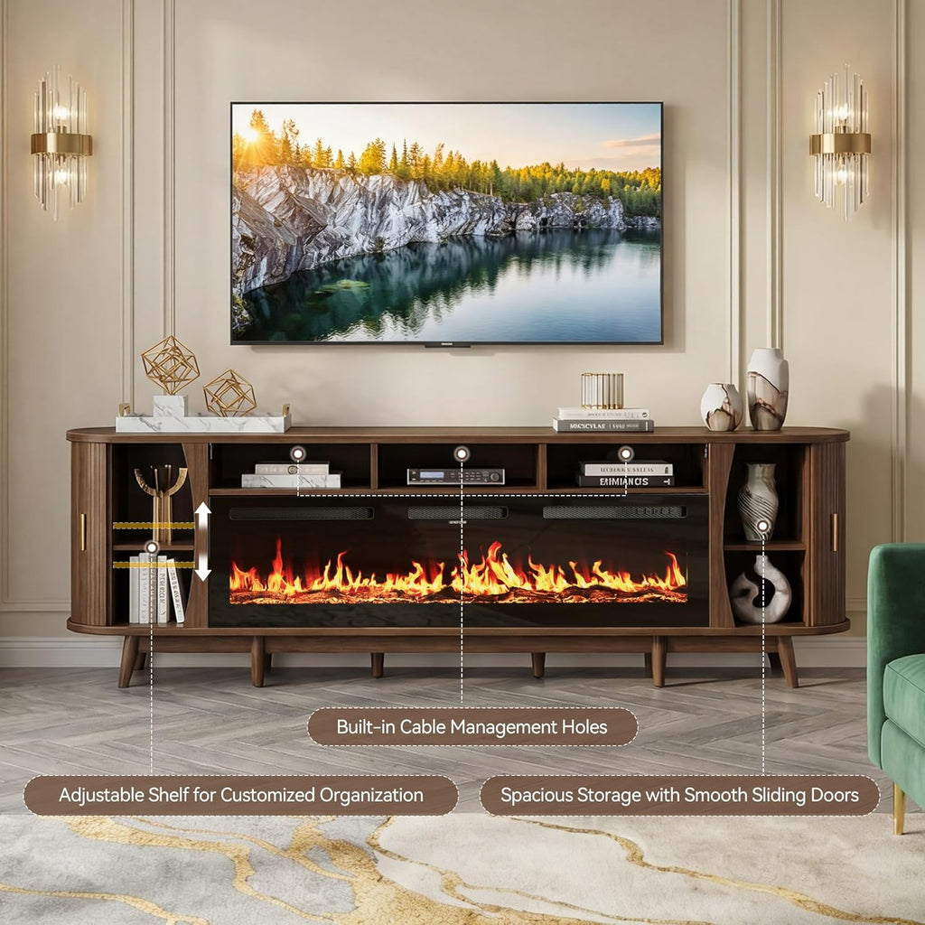 97" Fireplace TV Stand for 100" TV, Mid Century Modern Entertainment Center with 60" Electric Fireplace