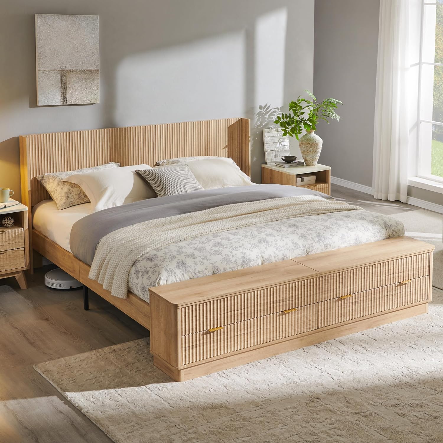 T4TREAM Fluted King Size Bed Frame with Wingback Headboard