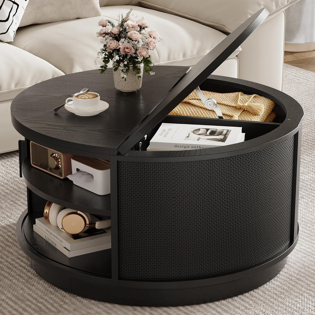 LIKIMIO Round Coffee Table with Storage, 360° Rotating Fluted Rattan