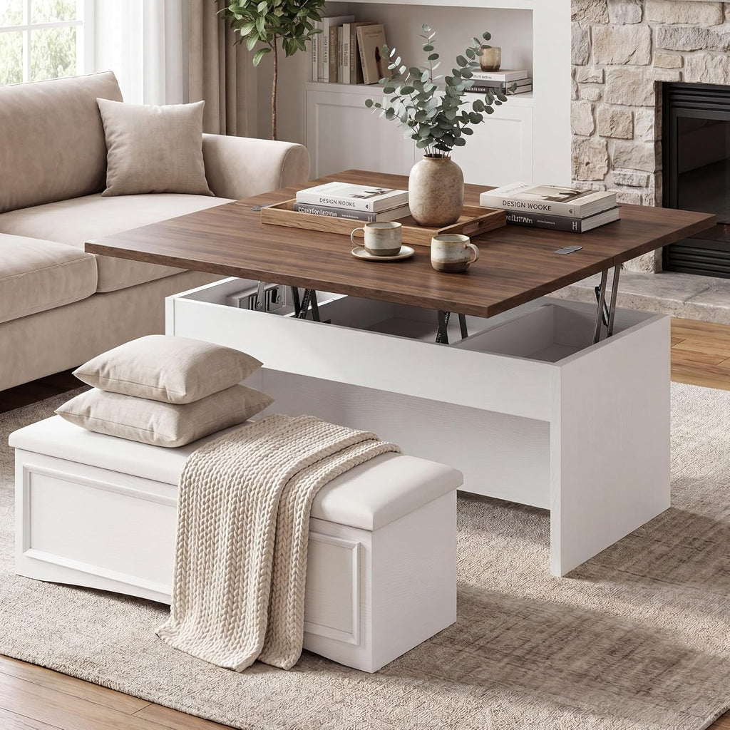 Lift Top Coffee Table Set with Storage Bench, 4-in-1 Convert Gaming/Reading/Dining Table, 40''