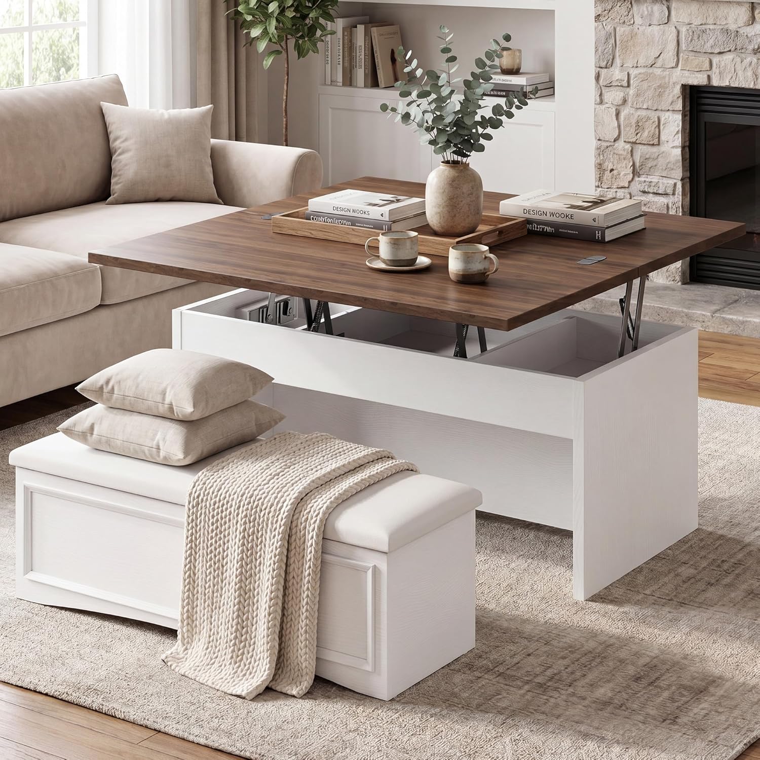 Lift Top Coffee Table Set with Storage Bench, 4-in-1 Convert Gaming/Reading/Dining Table, 40''