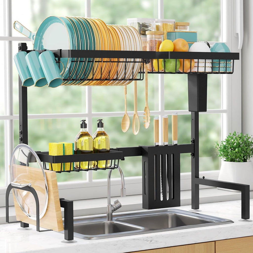 Sakugi Over The Sink Dish Drying Rack - Adjustable 2 Tier Large Capacity Stainless Steel Drainer with Cutlery & Utensil Holders