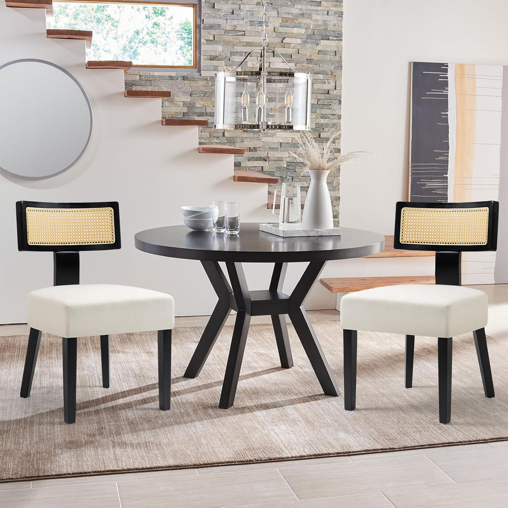 Rattan Dining Chairs Set of 4, Mid-Century Modern Fabric Upholstered Dining Room Chairs with Black Hardwood Frame, Curved Backrest