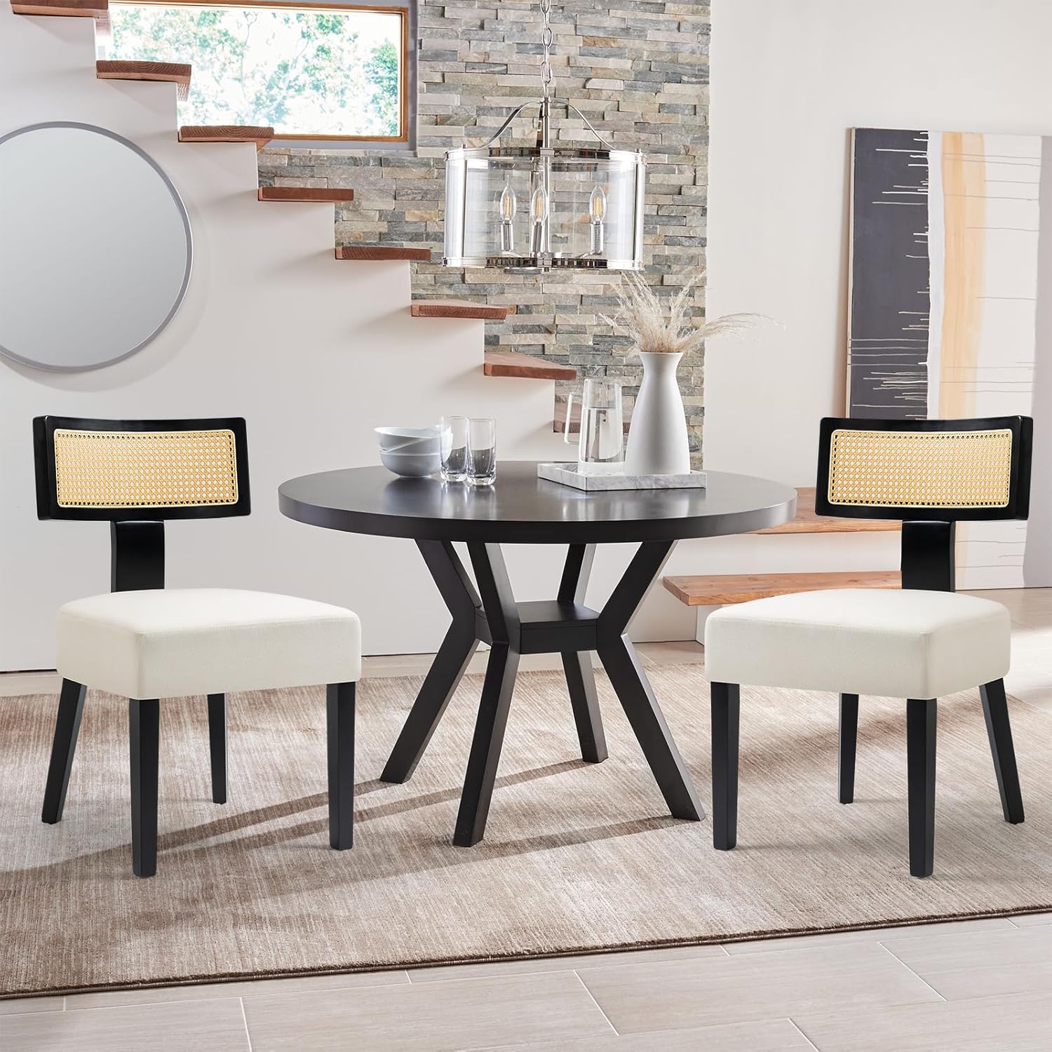 Rattan Dining Chairs Set of 4, Mid-Century Modern Fabric Upholstered Dining Room Chairs with Black Hardwood Frame, Curved Backrest