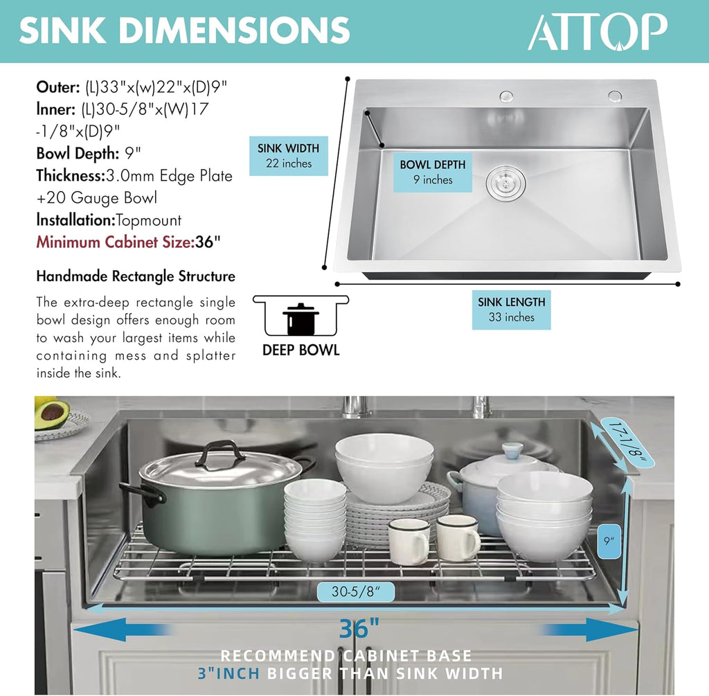 33 Inch Large Single Bowl Drop in Kitchen Sink,Nano Coating Stainless Steel Handmade Single Bowl Topmount Kitchen Sink
