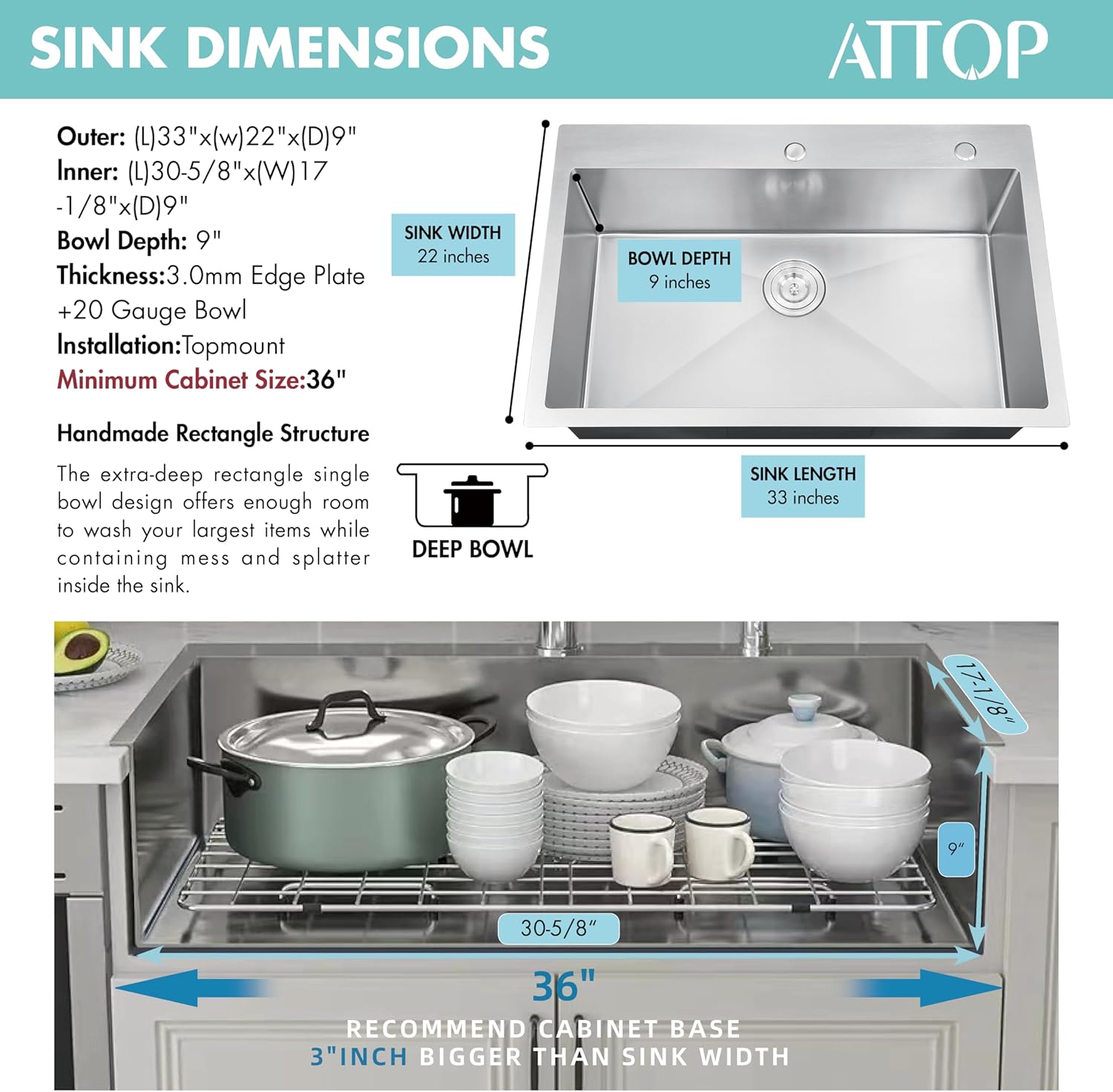 33 Inch Large Single Bowl Drop in Kitchen Sink,Nano Coating Stainless Steel Handmade Single Bowl Topmount Kitchen Sink