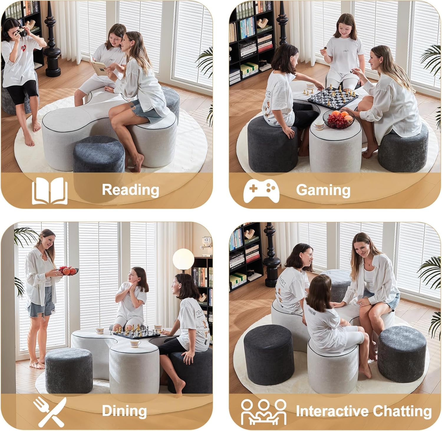 46" Modular Game Table Ottoman Set with 3 Stackable Stools, Y-Shape Space Saving Furniture