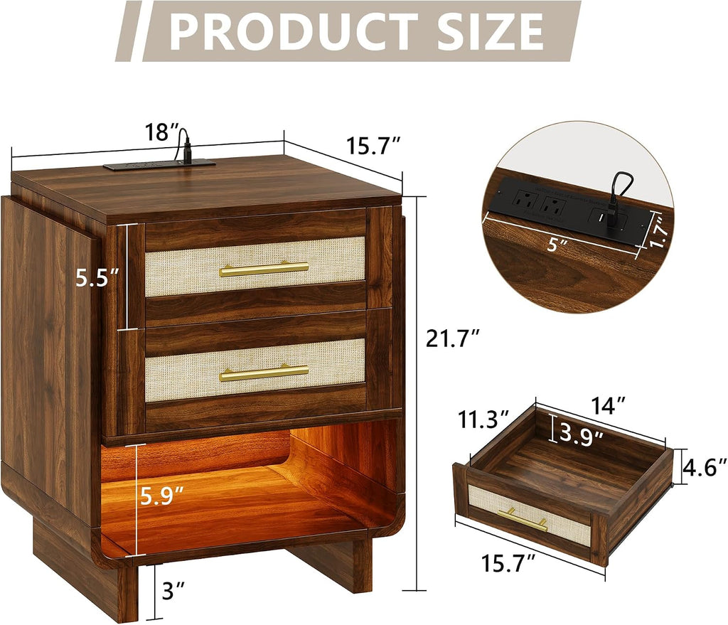 Farmhouse Nightstand with Charging Station, 18" Wide End Table with 2 Drawers, Wood Dresser for Bedroom