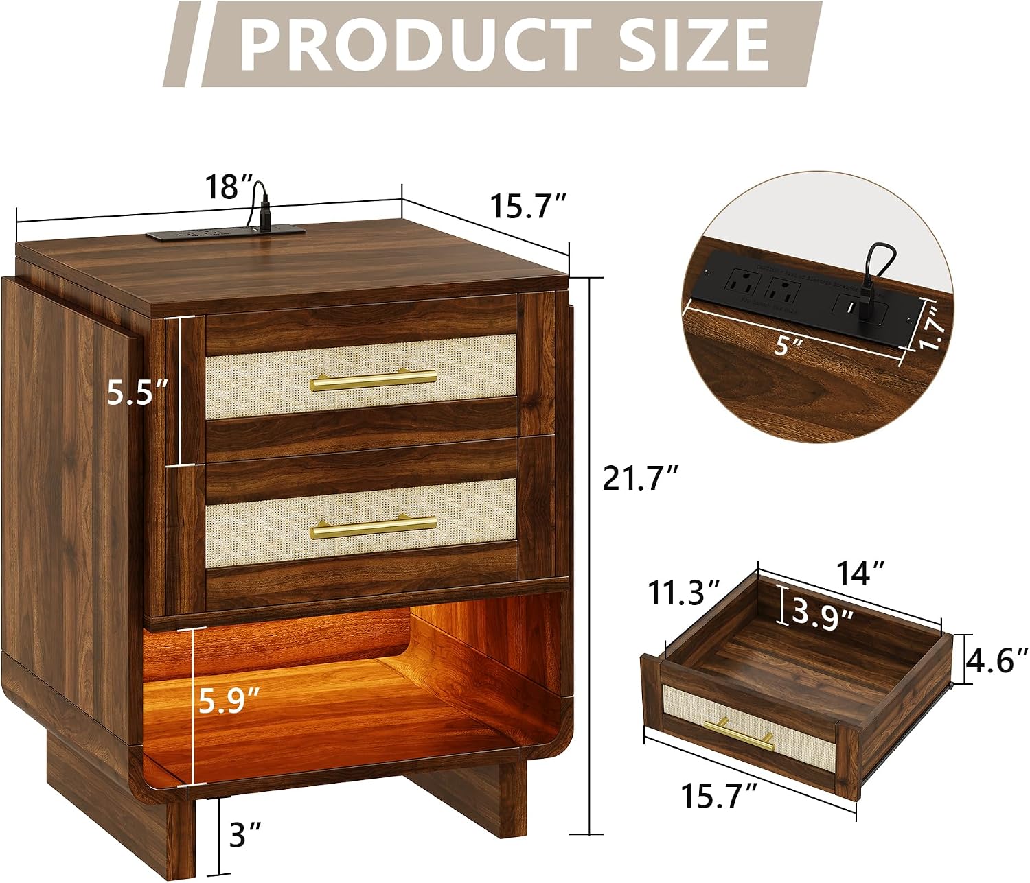 Farmhouse Nightstand with Charging Station, 18" Wide End Table with 2 Drawers, Wood Dresser for Bedroom