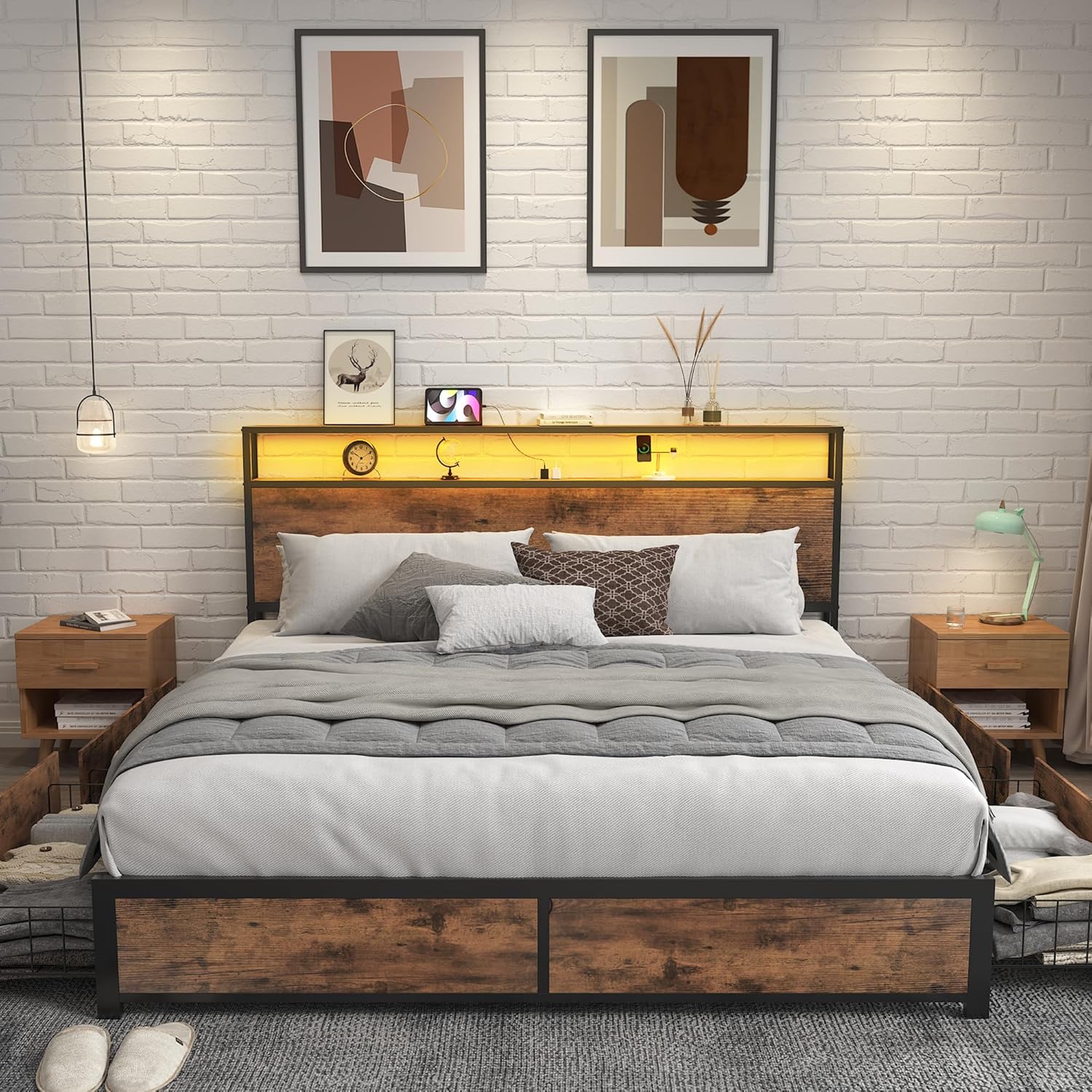 Lifezone Queen Bed Frame with 2-Tier Storage Headboard