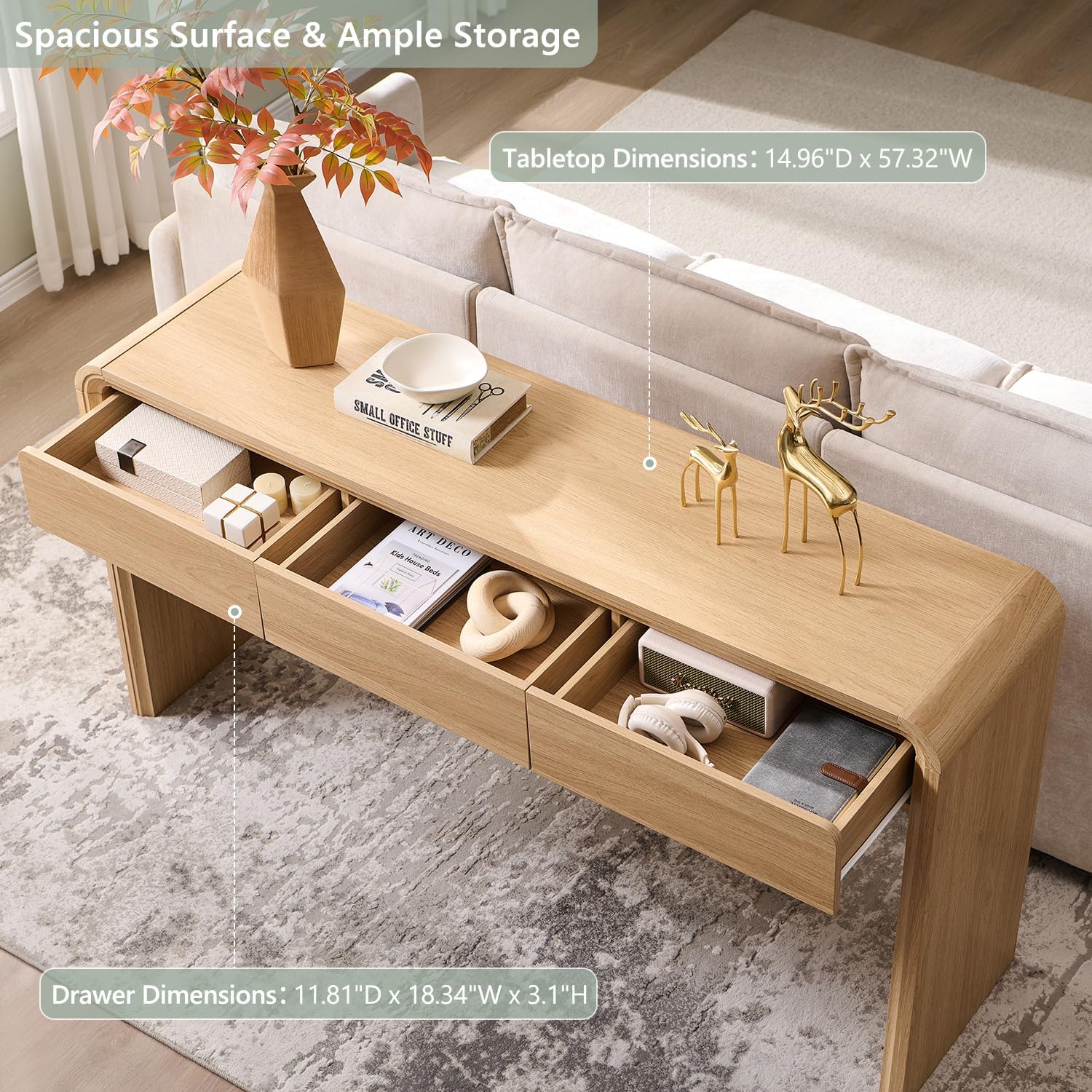 Aitjunz 63'' Console Table with 3 Drawers, Modern Entryway Table with Curved Profile Design