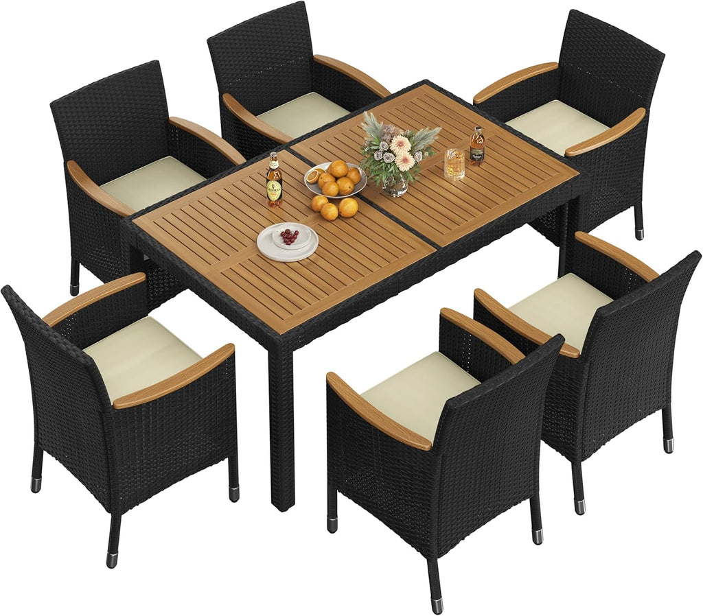 Yaheetech 7 Piece Patio Furniture Set, Outdoor Dining Acacia Wood Table Top Rattan Conversation Set