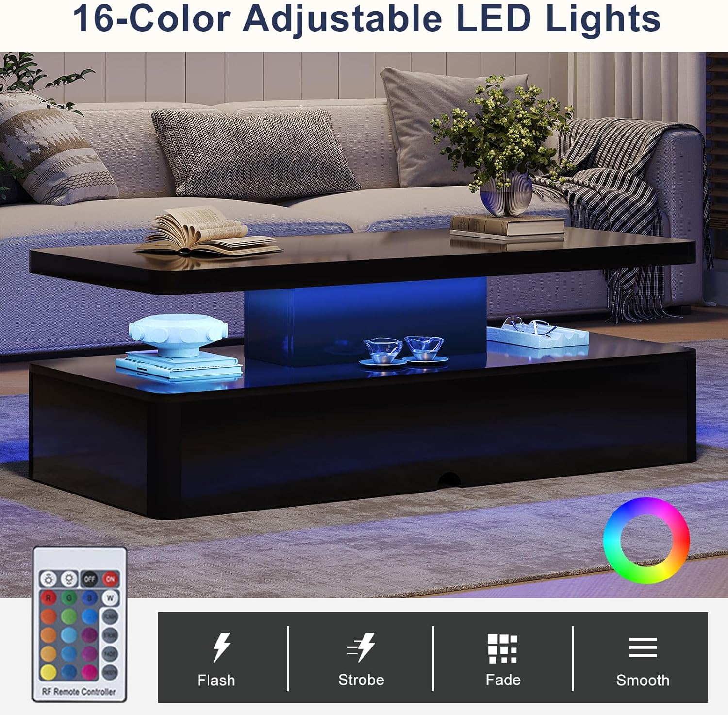 Modern Coffee Table, 40 Inches Coffee Tables with 16 Colors LED Lights, 2 Tier Rectangular Center Table, Large Storage Space