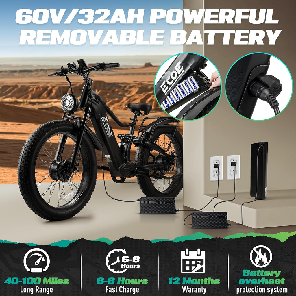 9000W Dual Motor Electric Bike for Adults 52MPH 60V32A, 26x4 Fat Tire All Terrain Ebikes