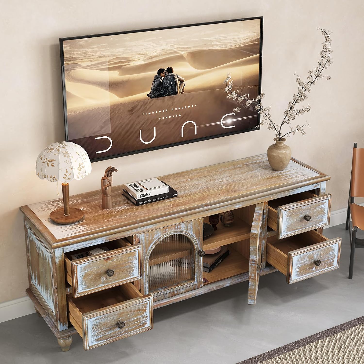 LUMISOL 60" Farmhouse TV Stand with 4 Drawers and 2 Glass Doors