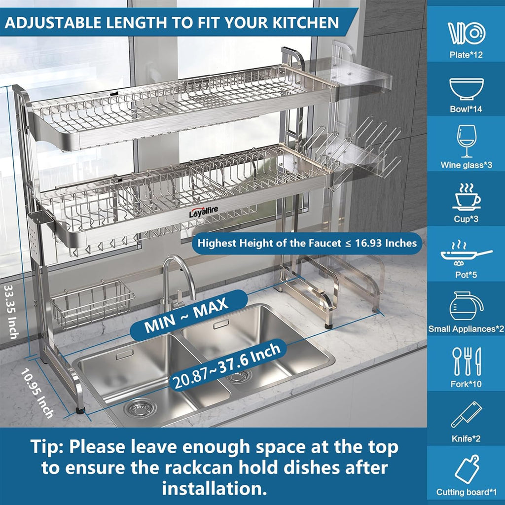 Over Sink Dish Drying Rack, 3 Tier Adjustable Length (20.87'' to 37.6'') Full Stainless Steel Large Storage
