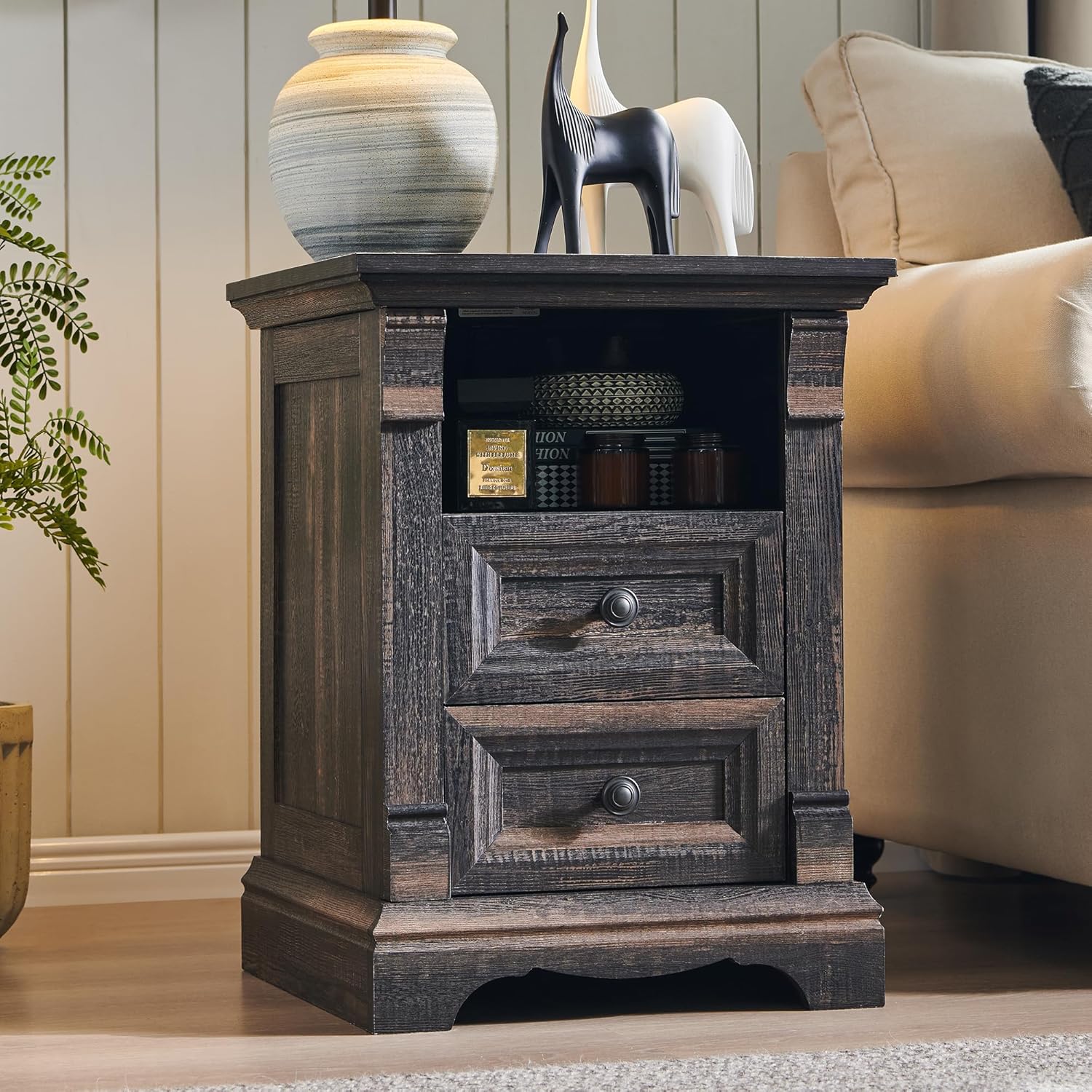 Farmhouse Nightstand with Charging Station, 18" End Table with 2 Drawers Storage and 1 Storage Shelf