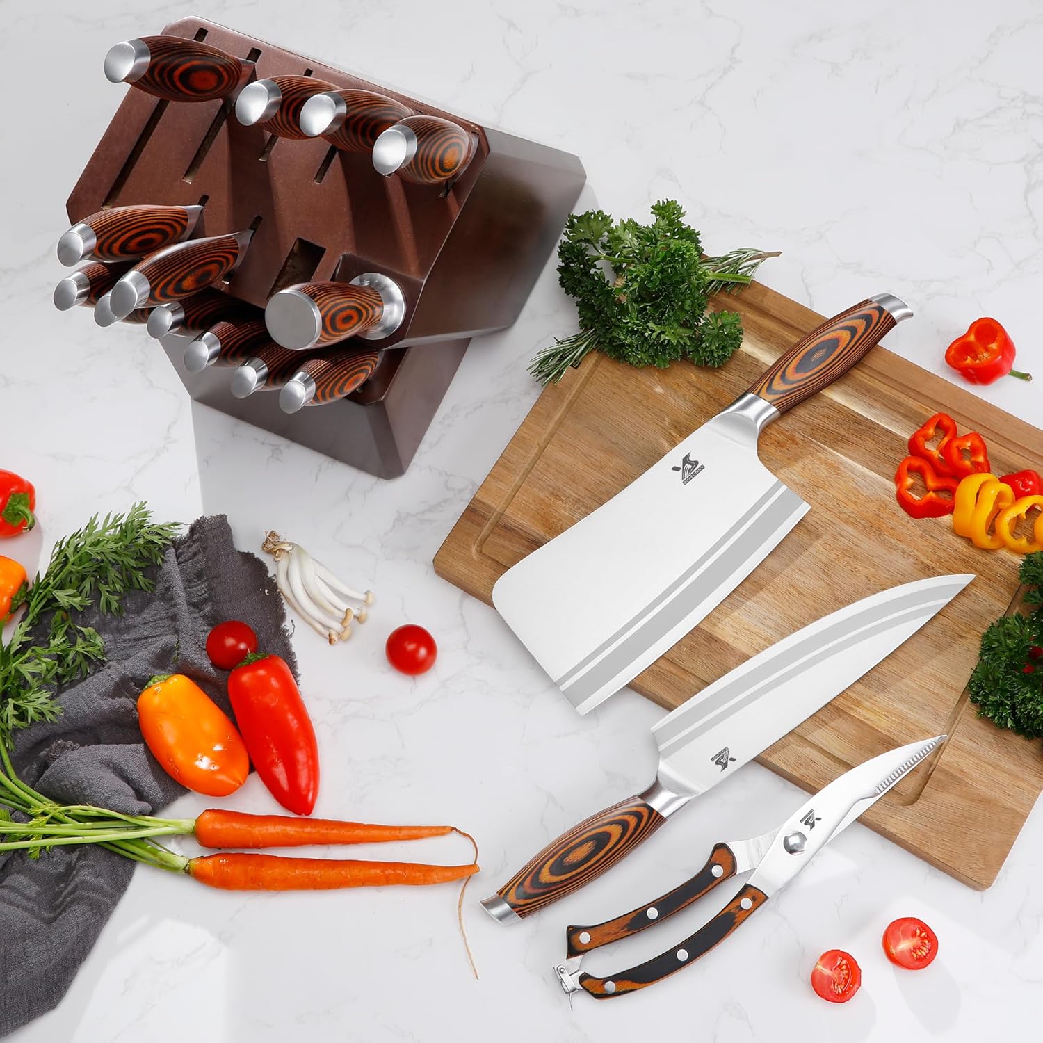 Knife Block Set 17-piece Knife Set with Wooden Block - German Steel