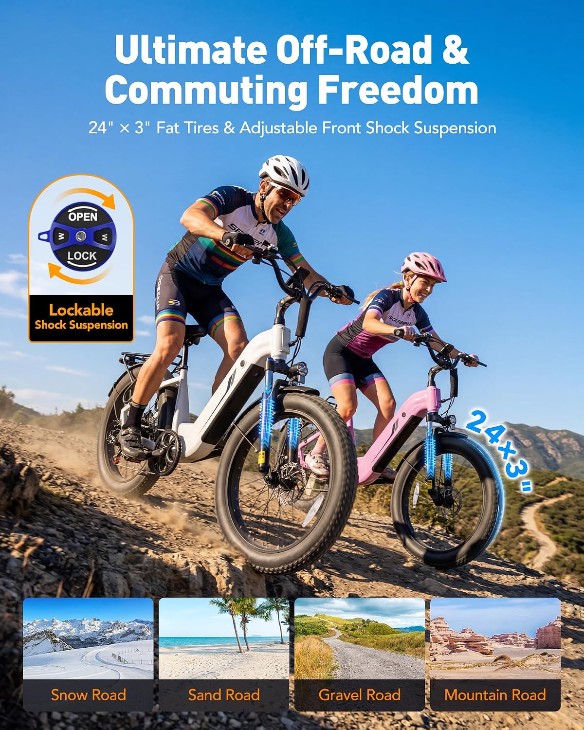 C30 Electric Bike for Adults,1800W Peak Motor,24" Fat Tire Ebike with Removable 48V