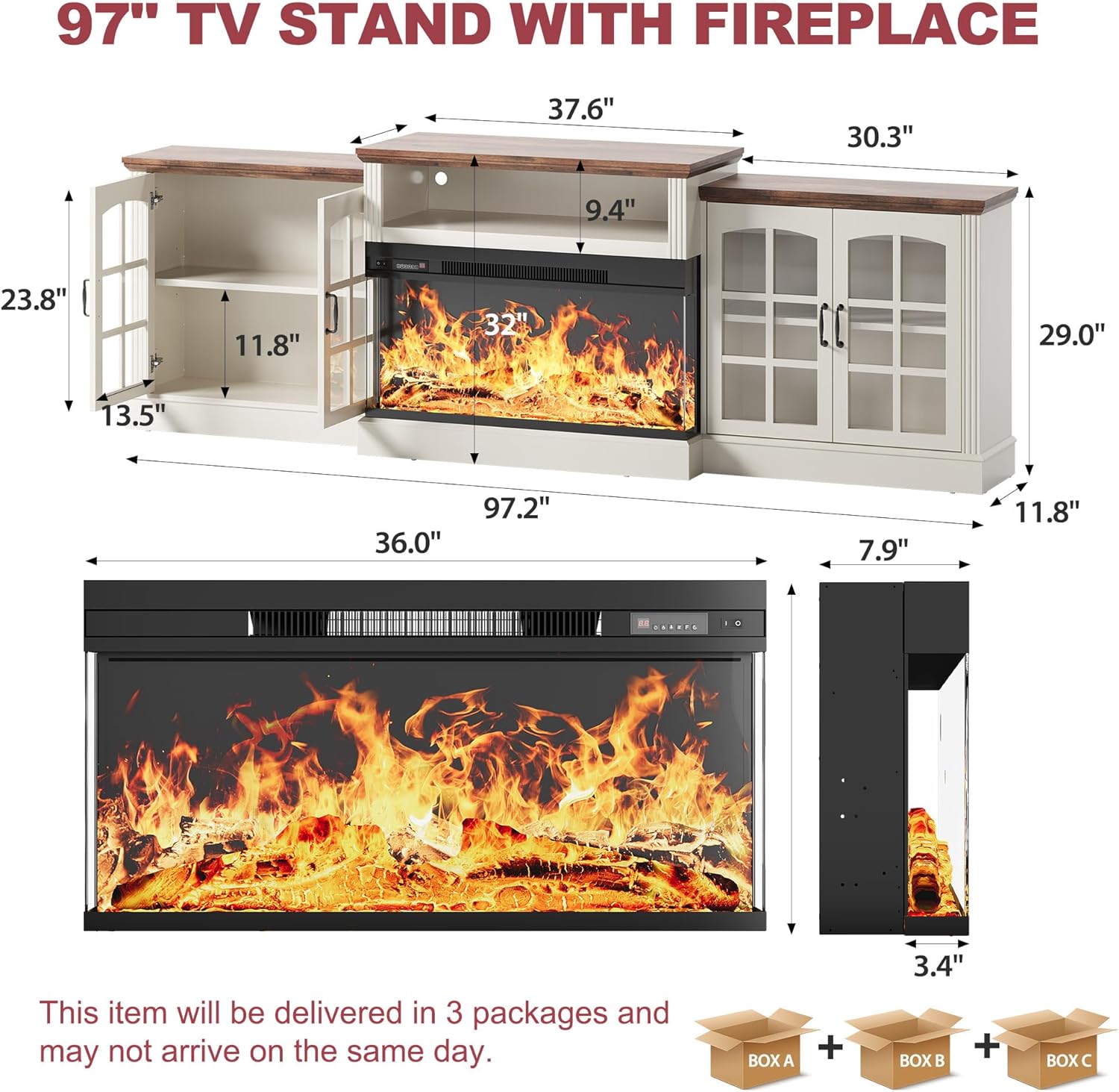 97" Fireplace TV Stand with 36" Electric Fireplace, Farmhouse Entertainment Center for TVs up to 100"