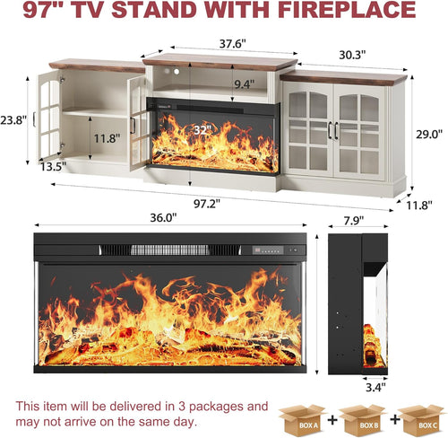 97" Fireplace TV Stand with 36" Electric Fireplace, Farmhouse Entertainment Center for TVs up to 100"