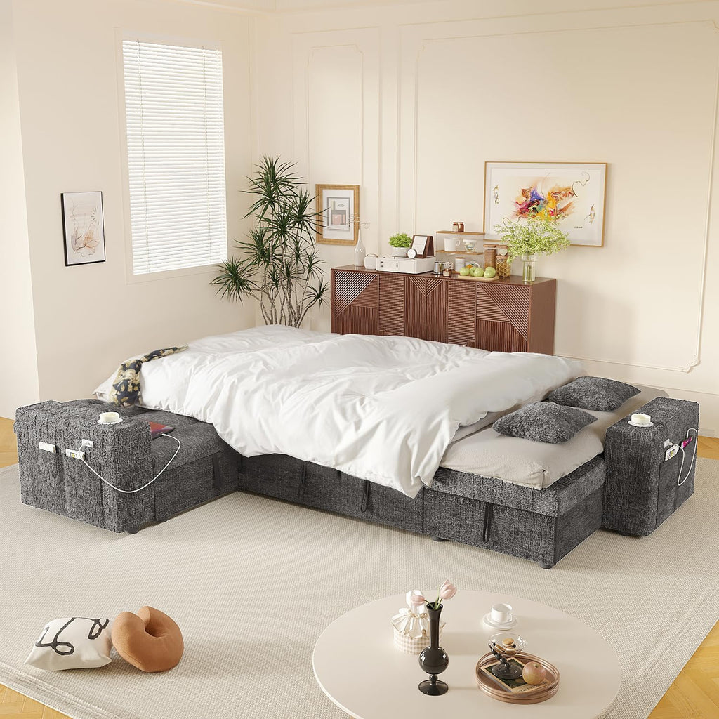 Modular Sectional Sleeper Sofa with Pull Out Bed, 108 Inch U Shaped 7 Seat Couches for Living Room
