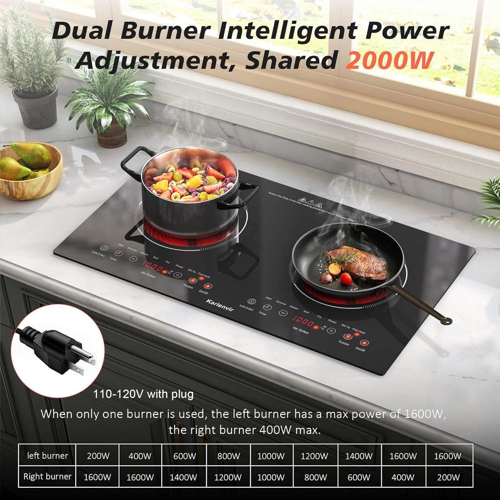 2 Burner Electric Cooktop 110v, 2000W Electric Stove Top Countertop & Built-in, Plug-in Electrics Cooktop 24"