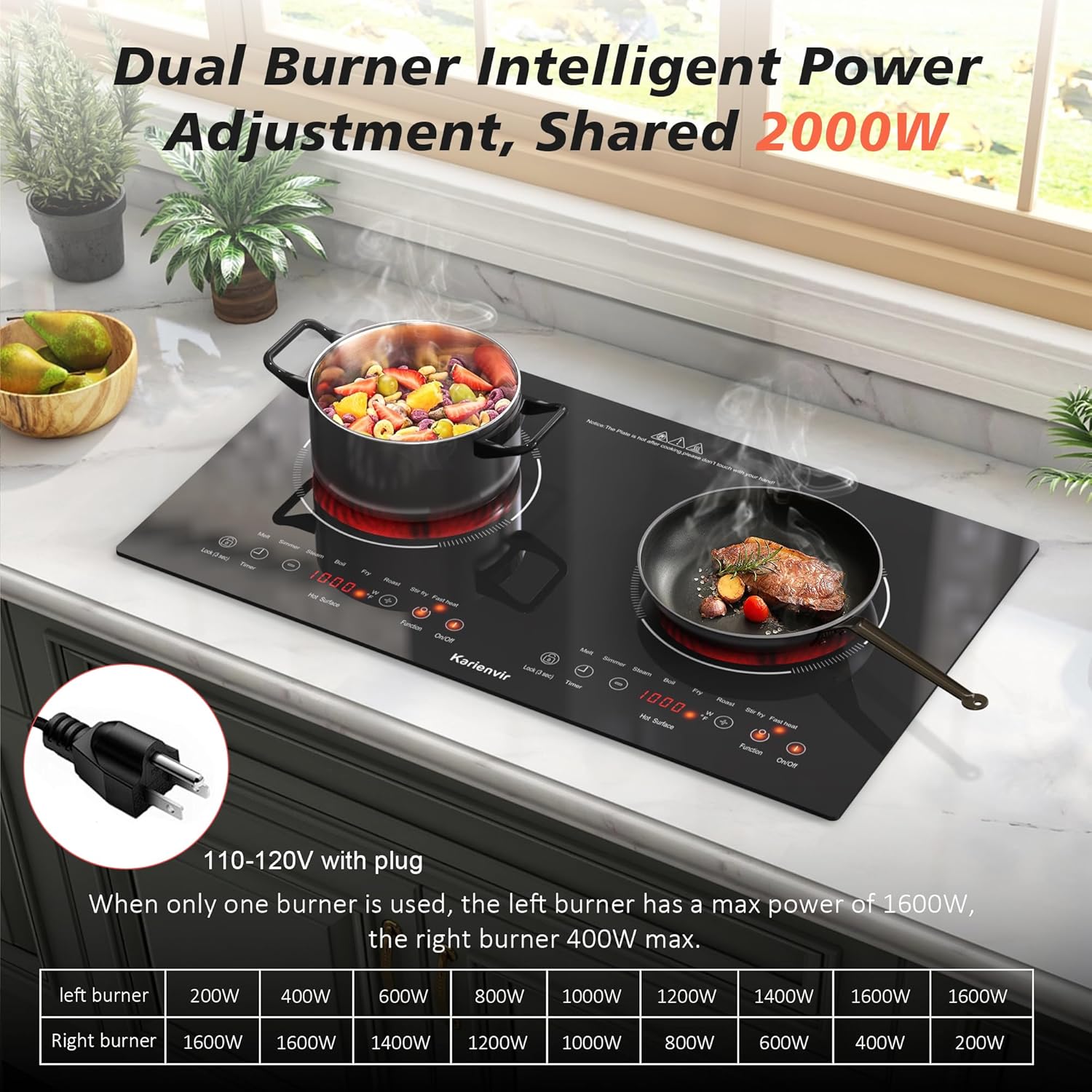 2 Burner Electric Cooktop 110v, 2000W Electric Stove Top Countertop & Built-in, Plug-in Electrics Cooktop 24"