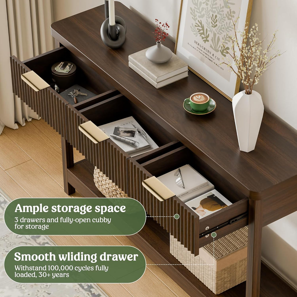 51" Fluted Console Table for Entryway, Entryway Table with 3 Wooden Drawers, Farmhouse Behind Sofa Table