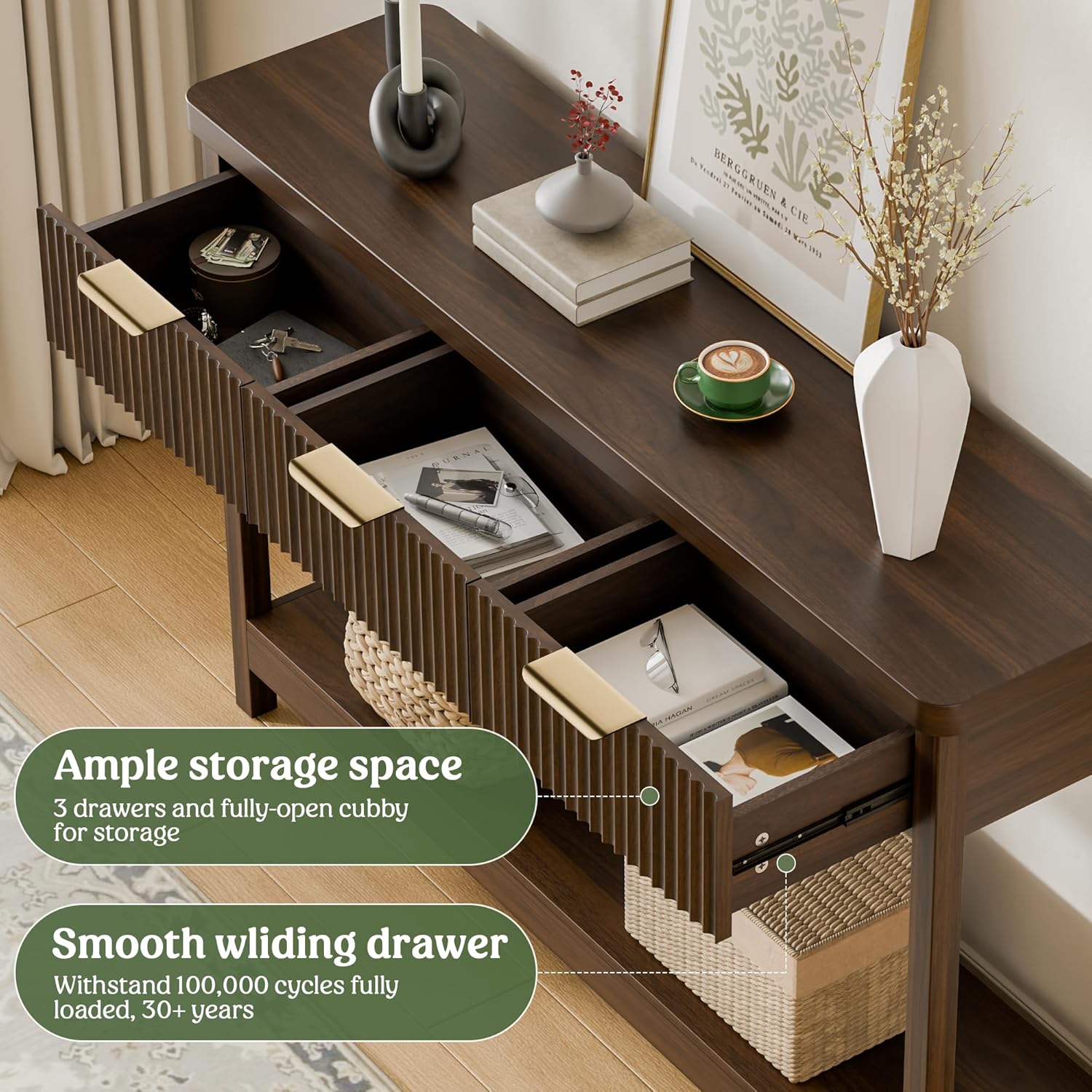 51" Fluted Console Table for Entryway, Entryway Table with 3 Wooden Drawers, Farmhouse Behind Sofa Table