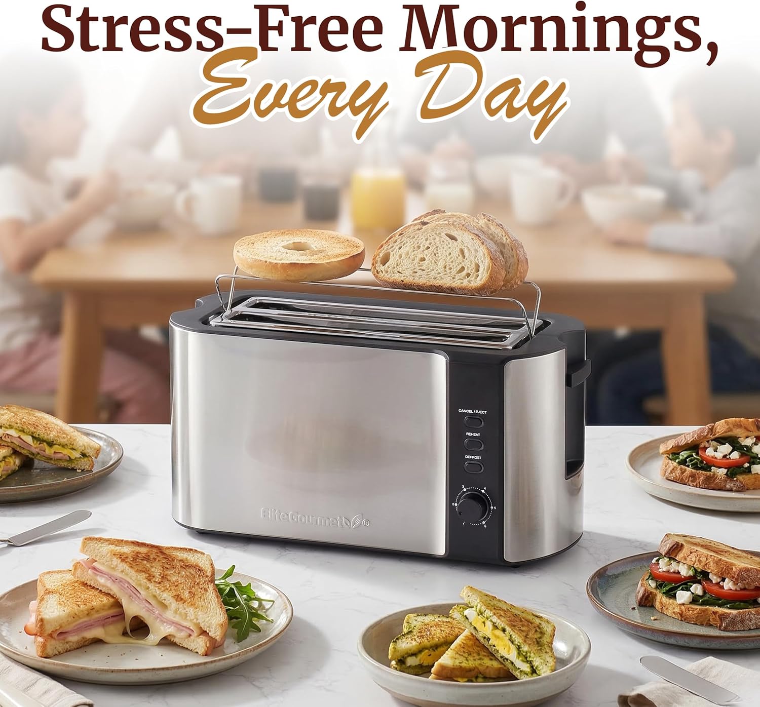 Elite Gourmet ECT-3100 4-Slice Long Slot Toaster | Extra Wide Slots for Bagels, Sourdough & Texas Toast
