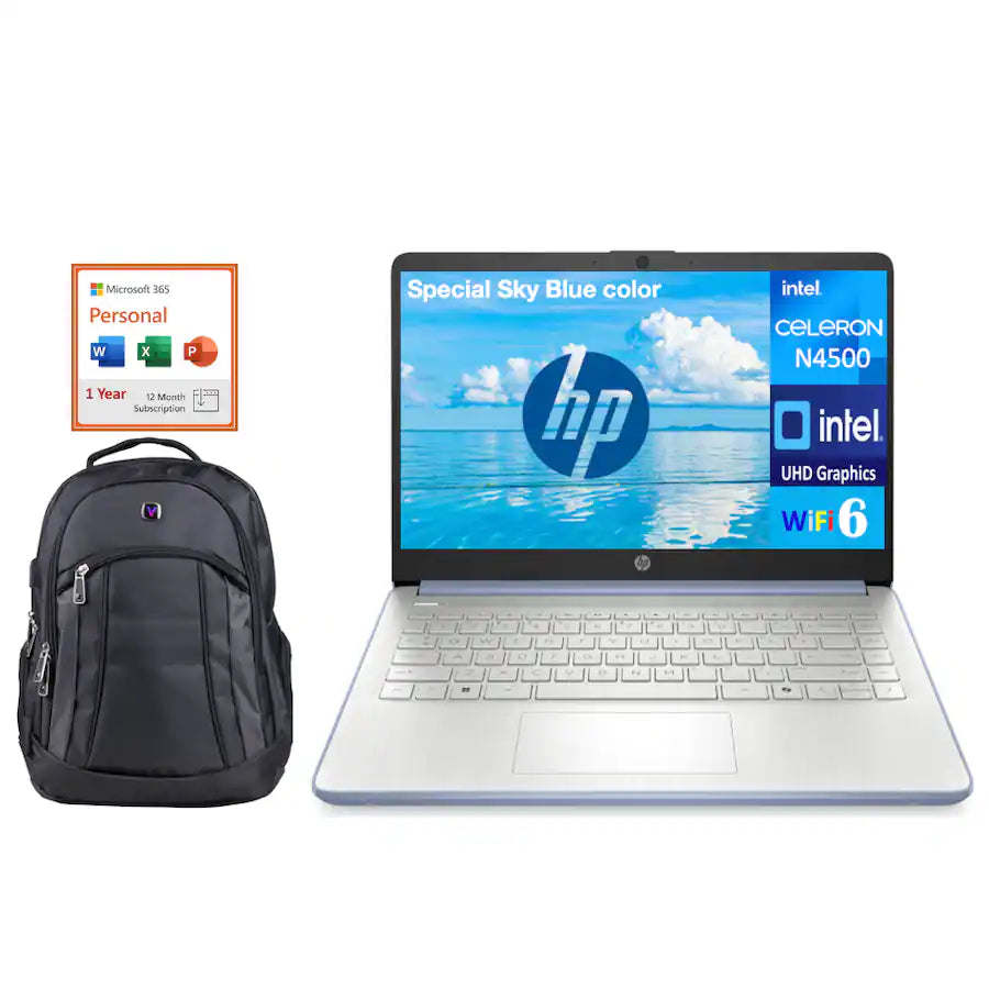 HP - Upgraded - 14 Laptop 14.0 HD (Intel Celeron N4500, 4GB DDR4, 256GB PCIe SSD, Win 11 Home S-Mode) w/Office 365 , Backpack - Sky Blue