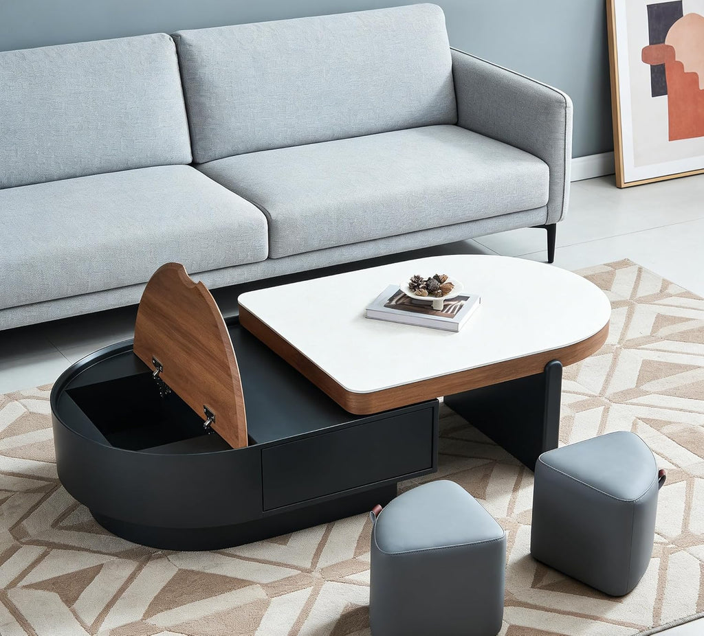 47" Lift Top Coffee Table with 4 Stools & Storage Drawers, Modern Multifunctional Convertible Center