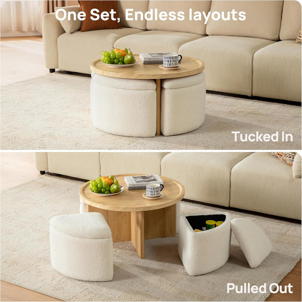 Round Coffee Table with Stools Underneath, Wood Ottoman Coffee Tables with 4 Boucle Storage
