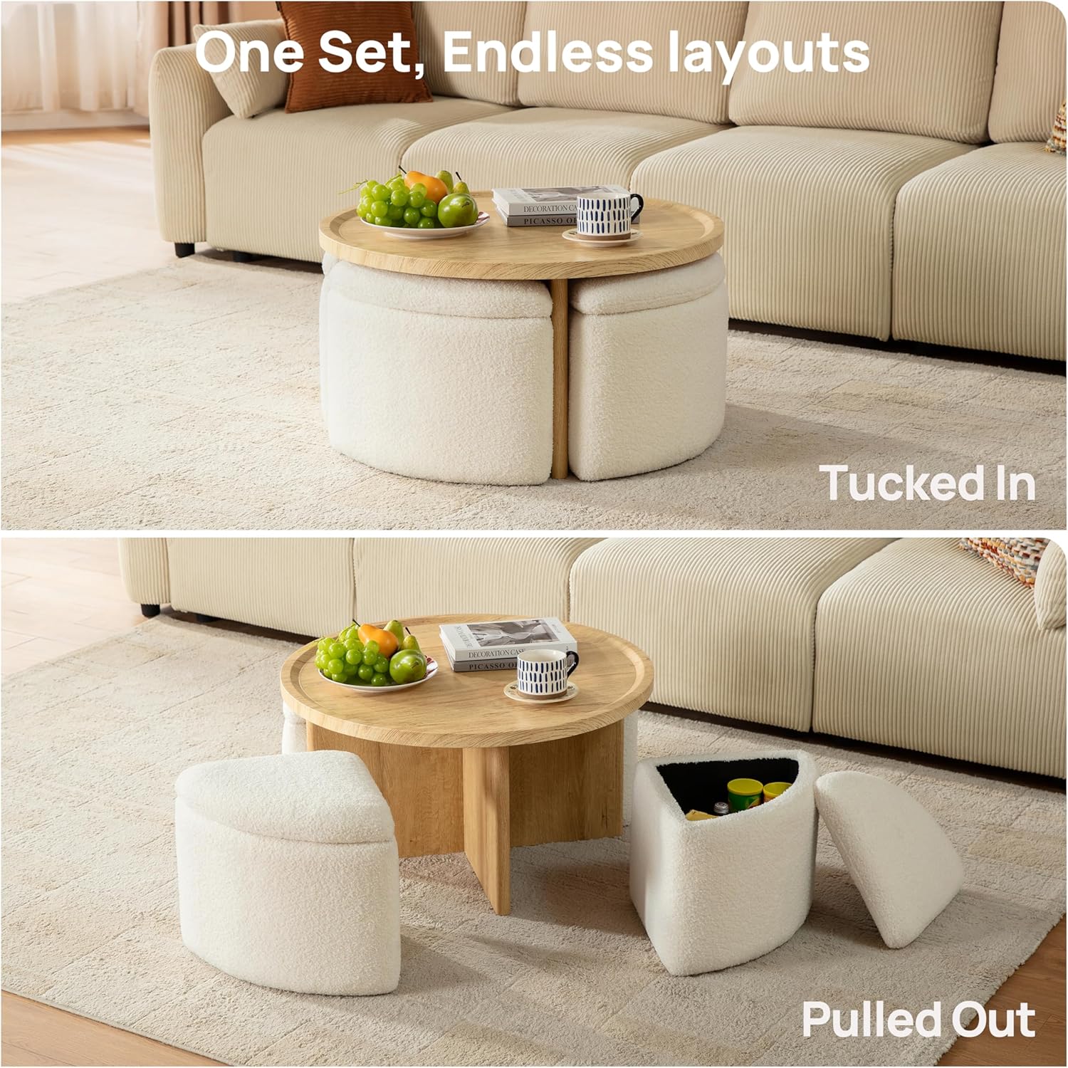 Round Coffee Table with Stools Underneath, Wood Ottoman Coffee Tables with 4 Boucle Storage