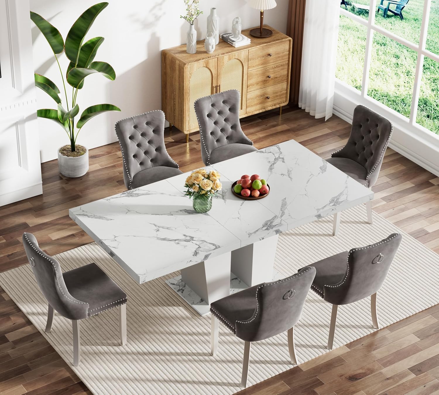 7 Pieces Faux Marble Dining Table Set for 6, 63"-79" Extendable Dining Room Table and 6 Grey Tufted Chairs Set for 6