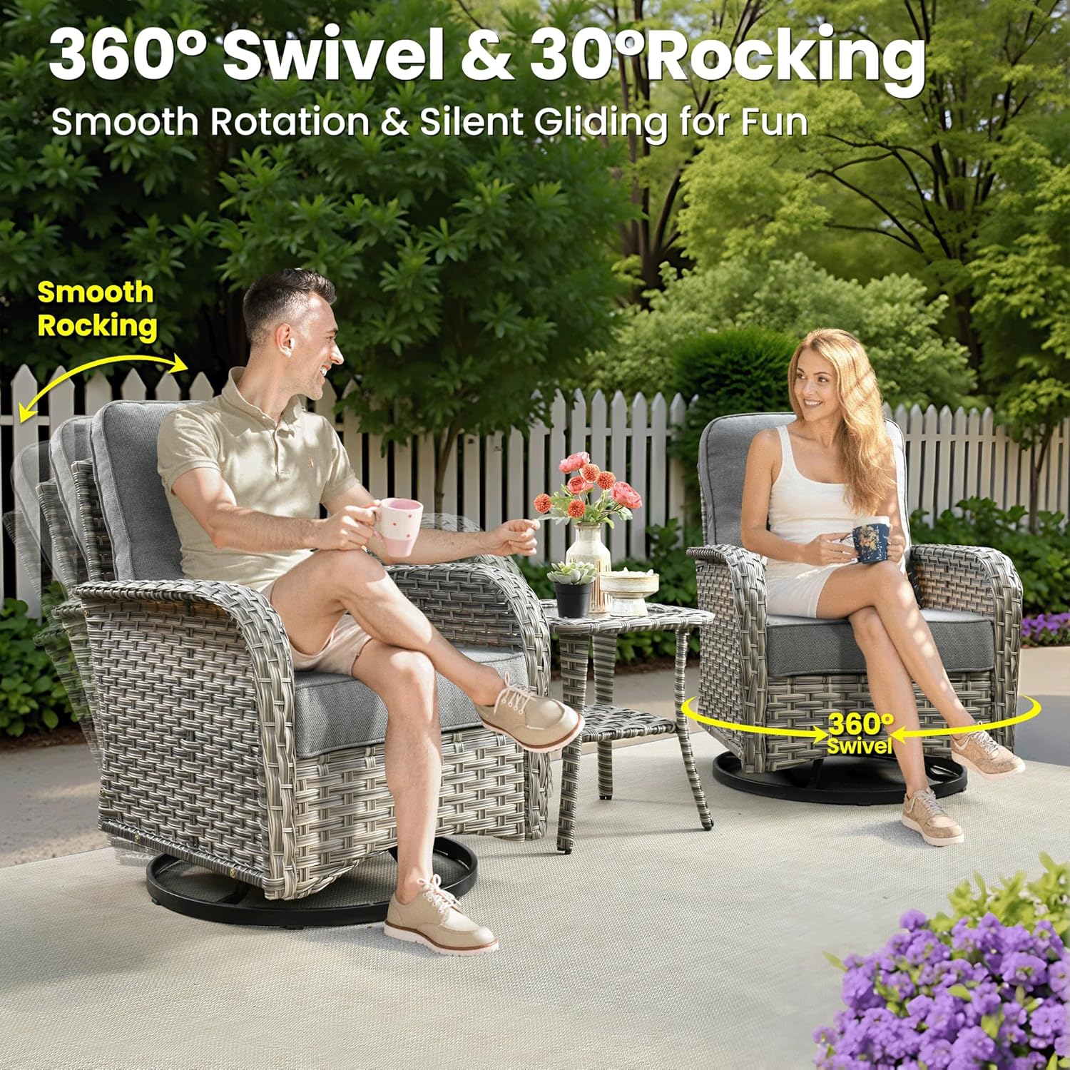 ovios 9-Piece Patio Furniture Set with L-Shape Sofa Chaise, Outdoor Sectional Couch Swivel Gliders Fire Pit Table