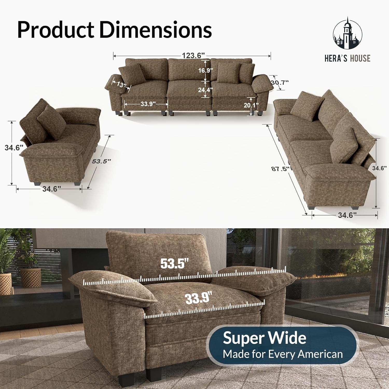 HERA'S HOUSE 3 Pieces Modular Sectional Sofa Sets, Oversized Couch Set with Loveseats and Armchair