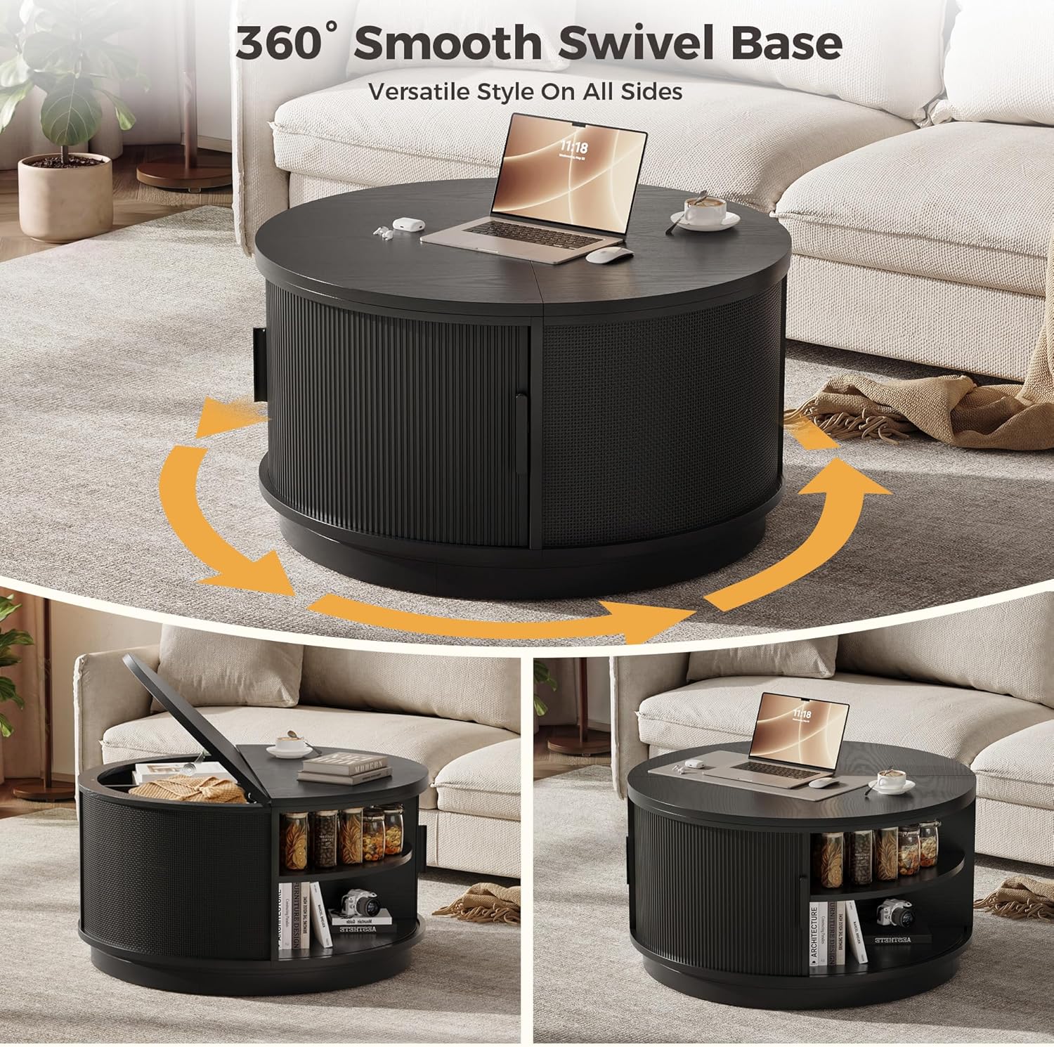 LIKIMIO Round Coffee Table with Storage, 360° Rotating Fluted Rattan