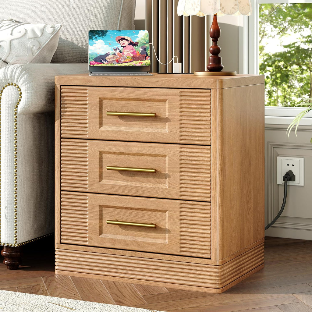 3 Drawer Dresser for Bedroom, 25.6" Tall Nightstand with Charging Station, Farmhouse 23.6" Wide End Table