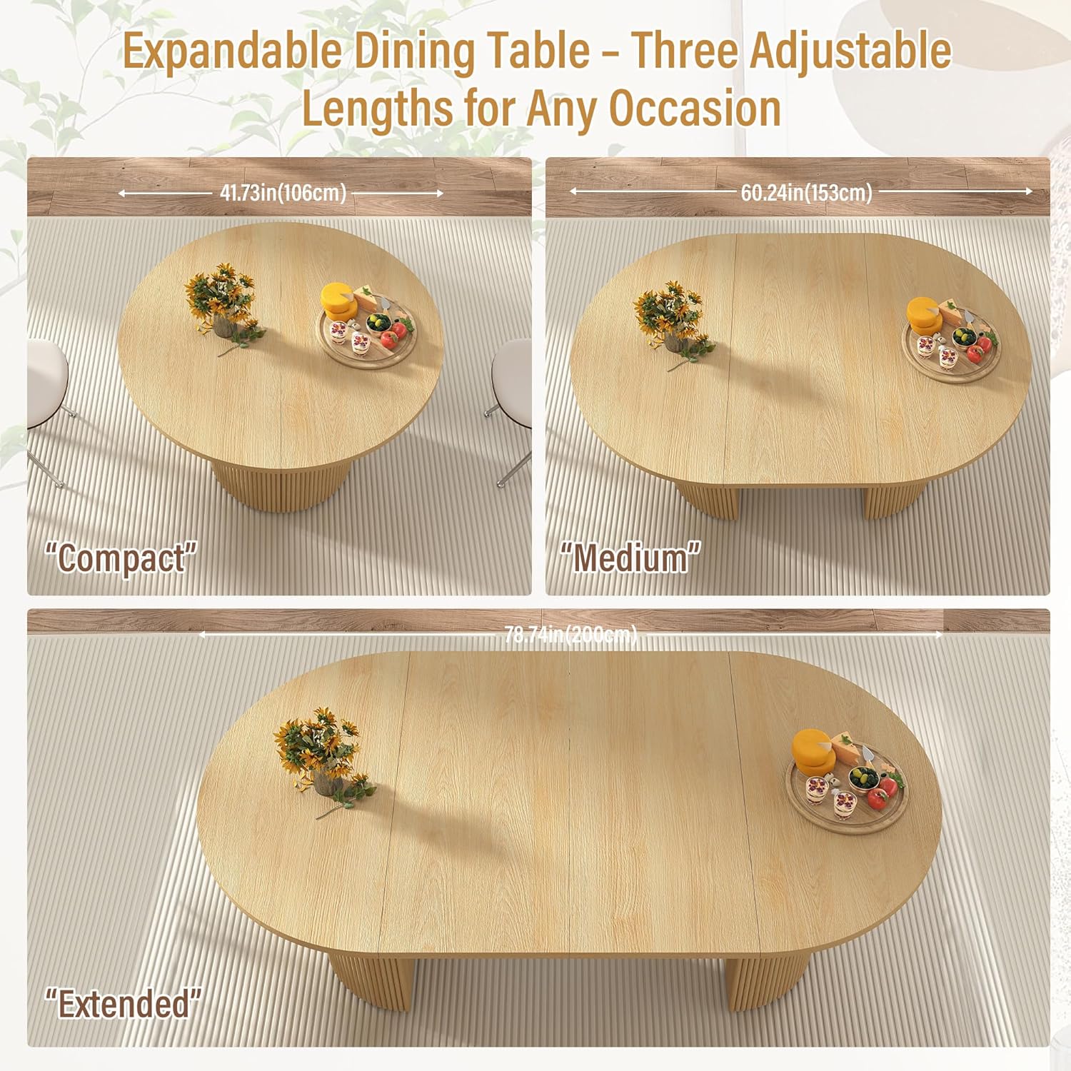 41 in-78 in Extendable Dining Room Table for 4-8, Round Expandable Kitchen Table with Fluted Base