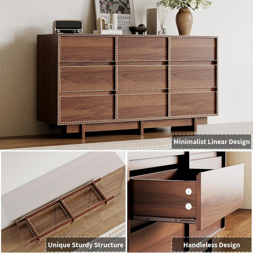 Walnut Dresser for Bedroom, 59" Wide 9 Drawer Dresser, Mid Century Modern