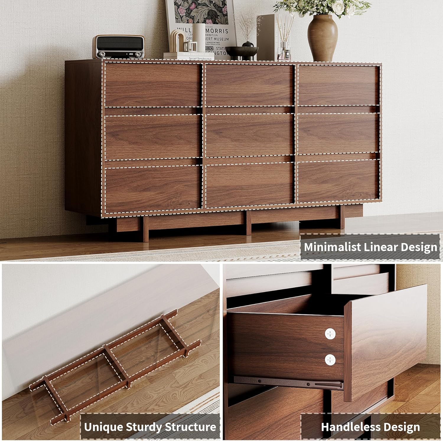 Walnut Dresser for Bedroom, 59" Wide 9 Drawer Dresser, Mid Century Modern