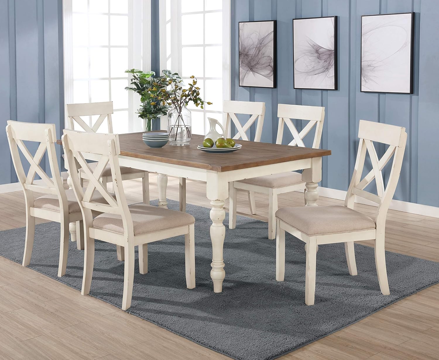 Roundhill Furniture Prato 7-Piece Dining Table Set with Cross Back Chairs, Antique White and Distressed Oak