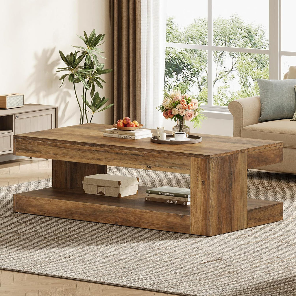 Tribesigns Coffee Table for Living Room, 47.24 Inch Farmhouse 2-Tier Accent Center Tea Cocktail Table with Storage, Brown, Rectangle
