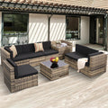 8-Piece Patio Furniture Set, Outdoor Wicker Rattan Sectional with Thick Cushions, Glass Top Table with Hidden Storage