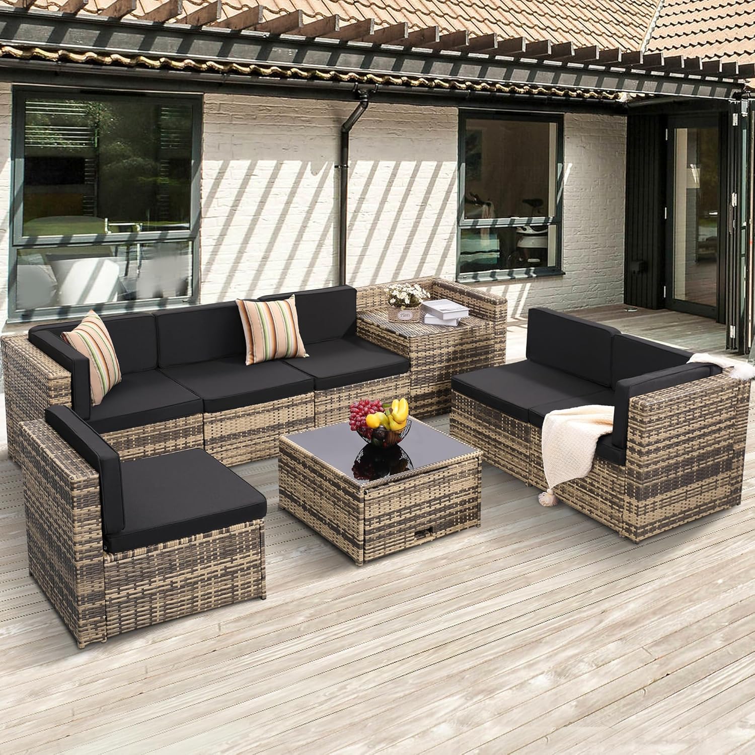 8-Piece Patio Furniture Set, Outdoor Wicker Rattan Sectional with Thick Cushions, Glass Top Table with Hidden Storage
