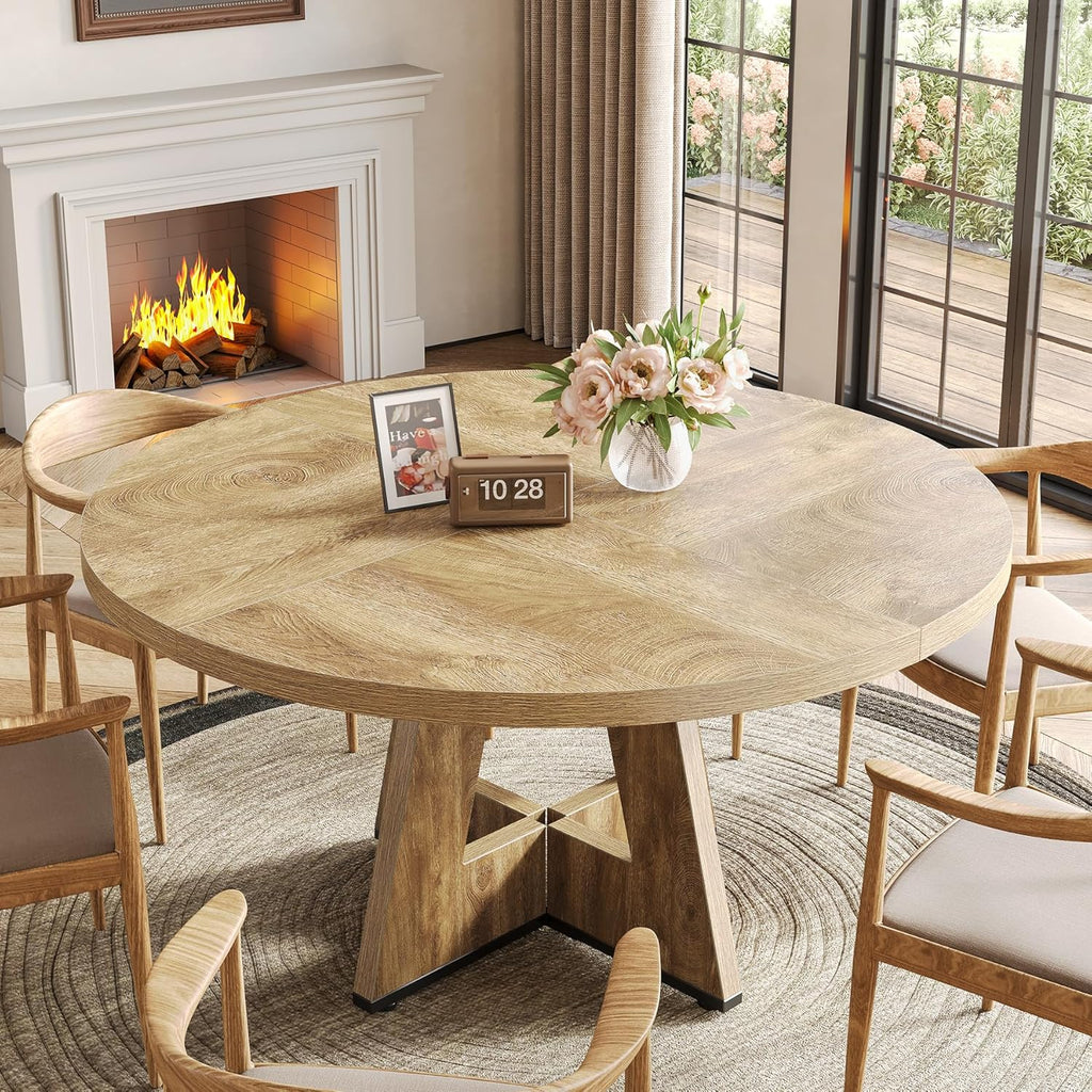 LITTLE TREE Round Dining Table for 4-6 People, 47 Inches Dining Room Table with Wooden Pedestal Base